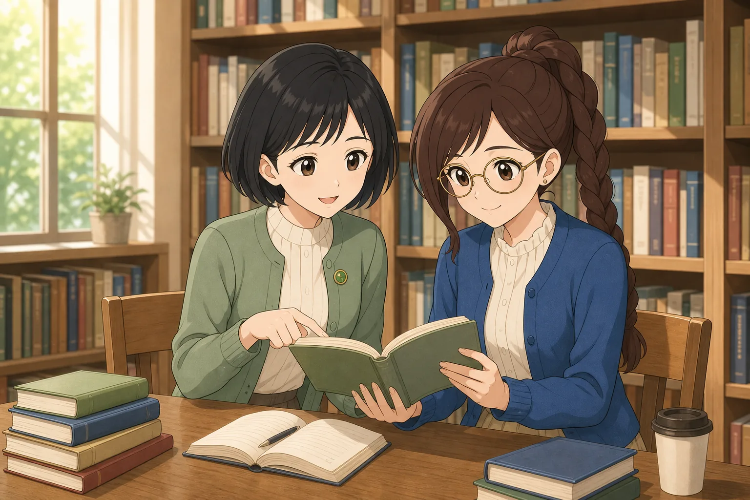 黒瀬志保先生、相良紗英が図書室で読書会を楽しむ様子