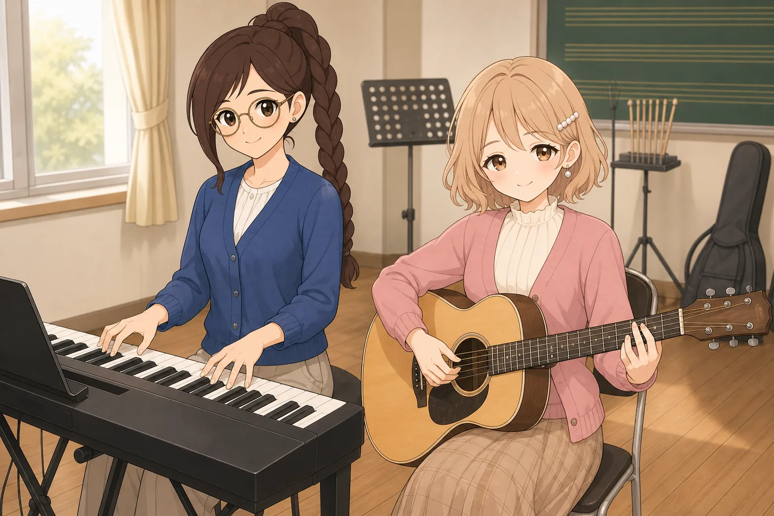 相良紗英、白石みつきが音楽室でセッションを楽しむ様子