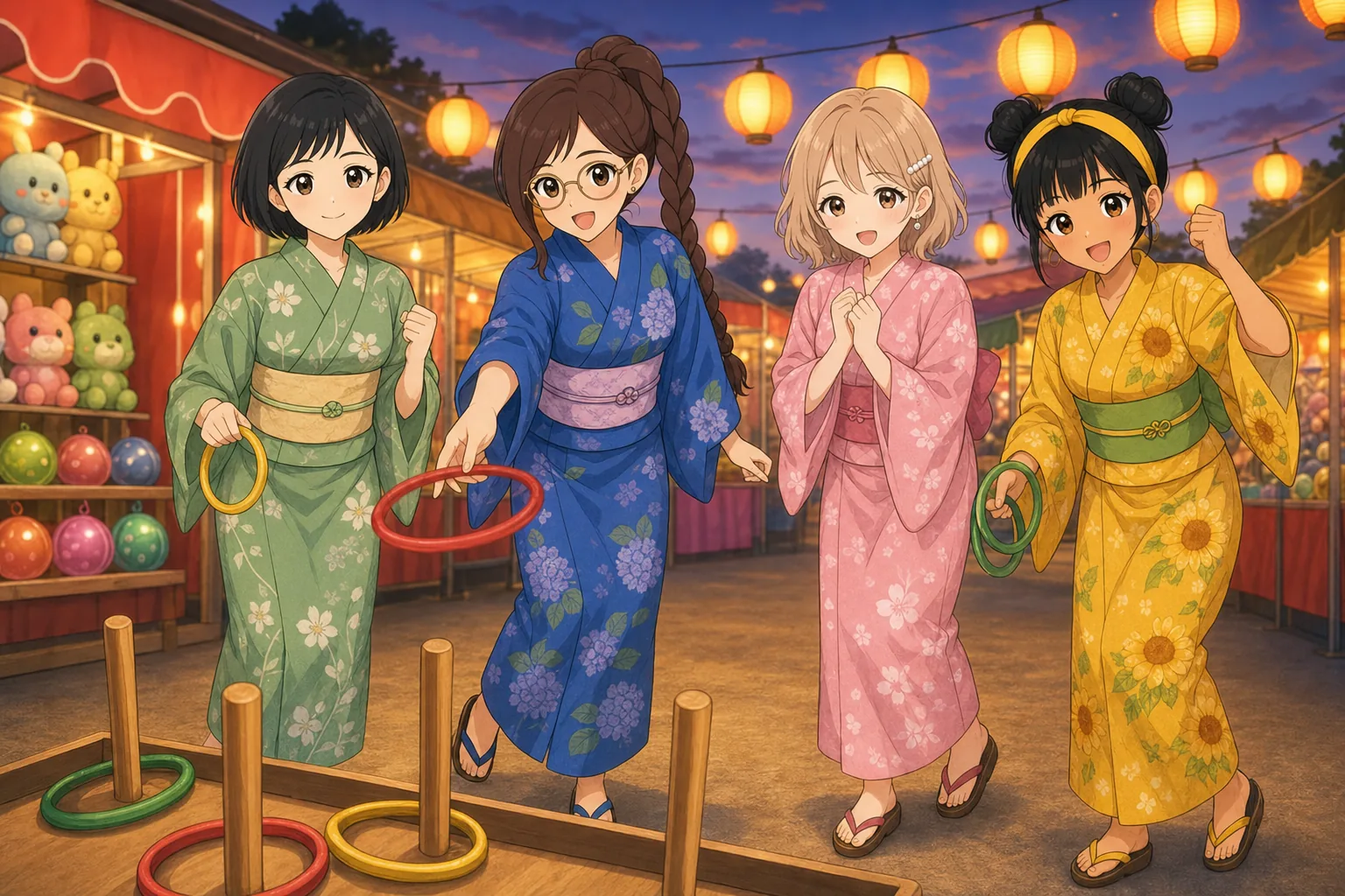黒瀬志保先生、相良紗英、白石みつき、日向まどかが夏祭りで輪投げを楽しむ様子