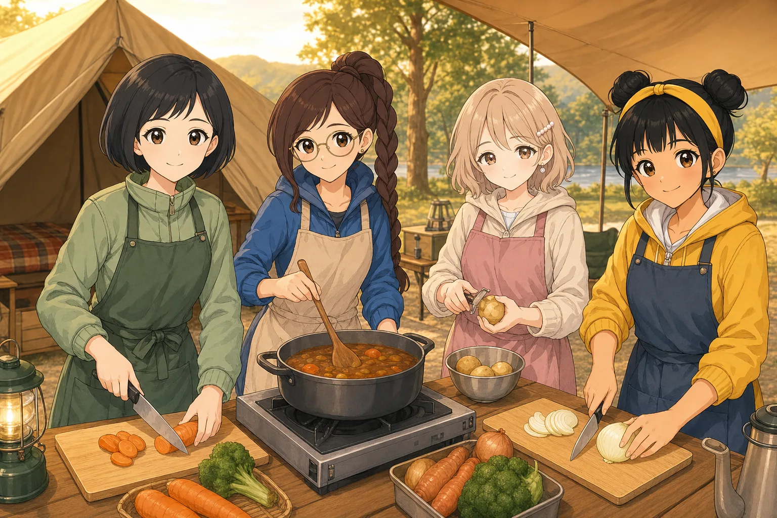 黒瀬志保先生、相良紗英、白石みつき、日向まどかがキャンプでカレー作りを楽しむ様子