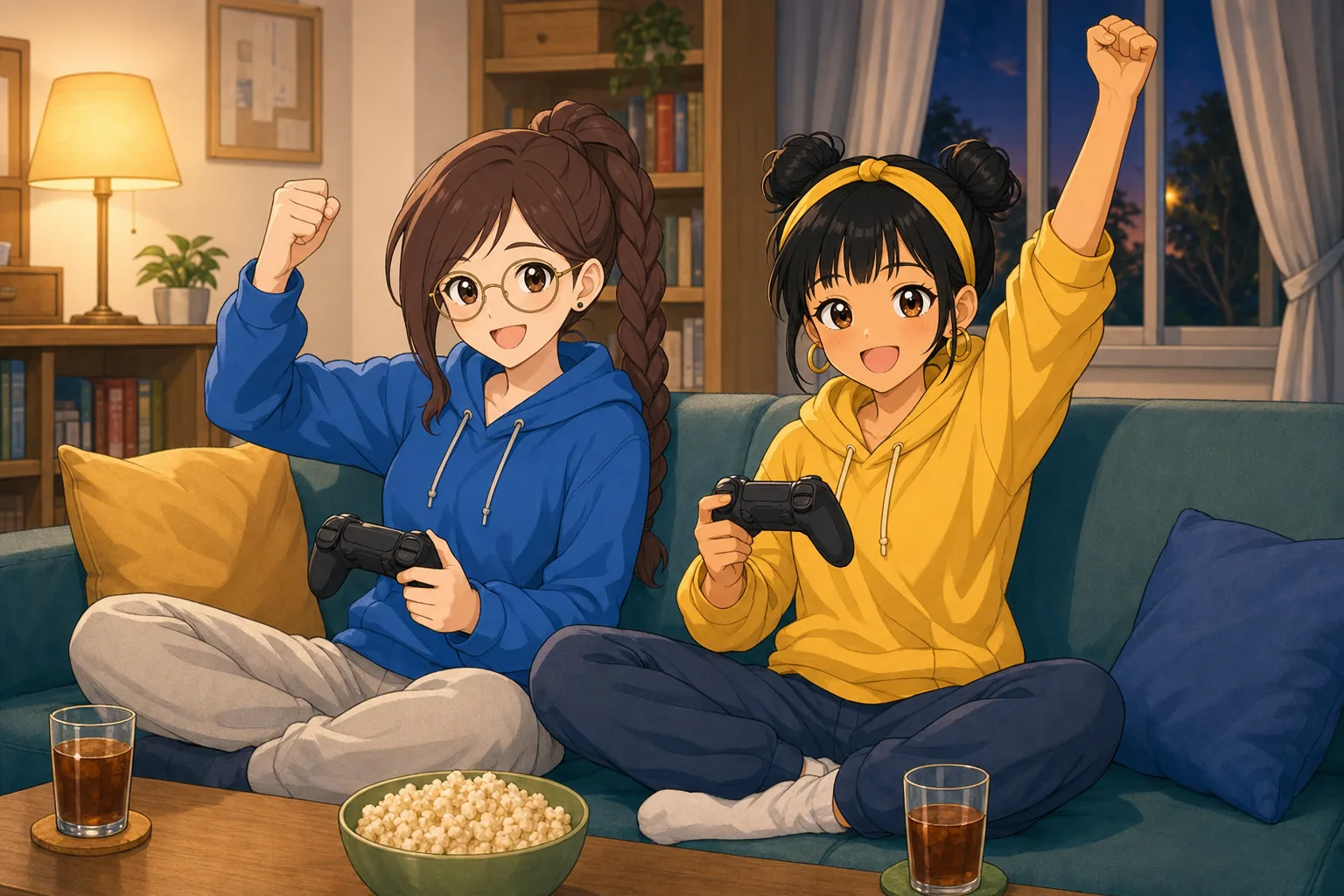 相良紗英、日向まどかが部室で協力ゲームを楽しむ様子